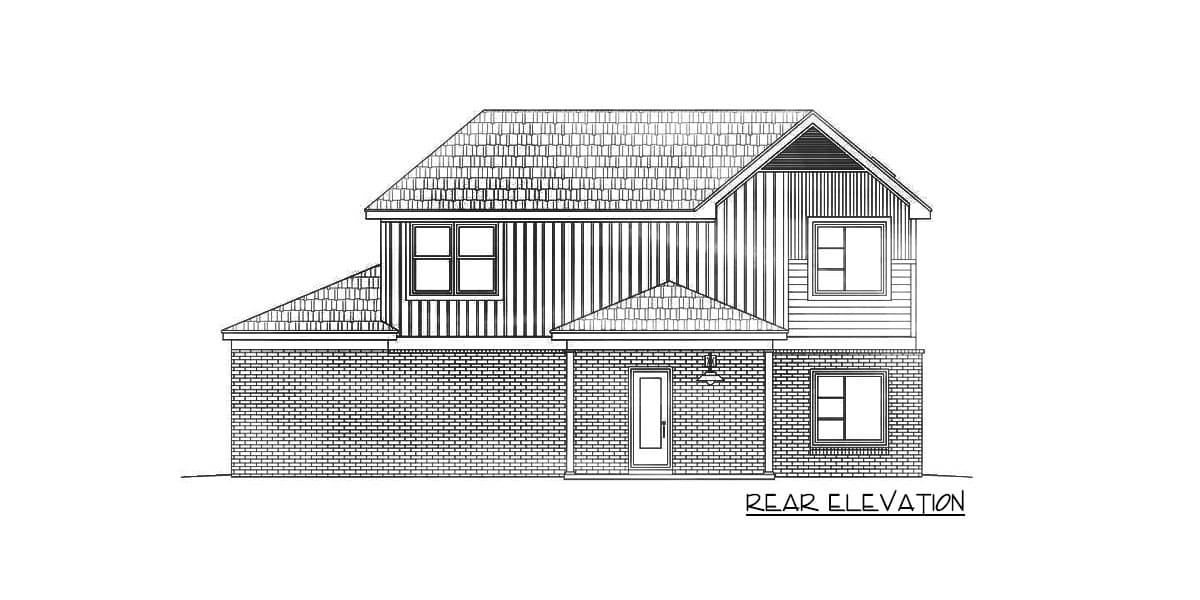 Rear elevation drawing of a two-story house plan with brick lower level, siding upper level, gabled roof, and covered entry.