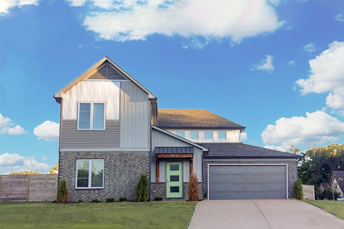 House plan exterior. Two-story home with board and batten siding, gable roof, and attached garage. Stone veneer facade.