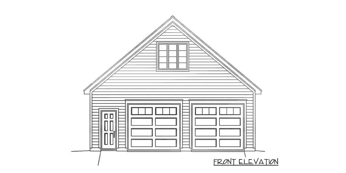 Front elevation drawing of a two-car garage with a single door, dormer window, and gable roof.