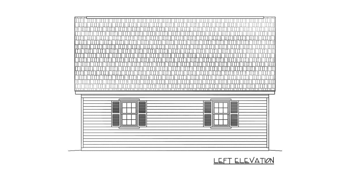 Left elevation drawing of a house plan with horizontal siding, two multi-pane windows with shutters, and a steeply pitched shingled roof.