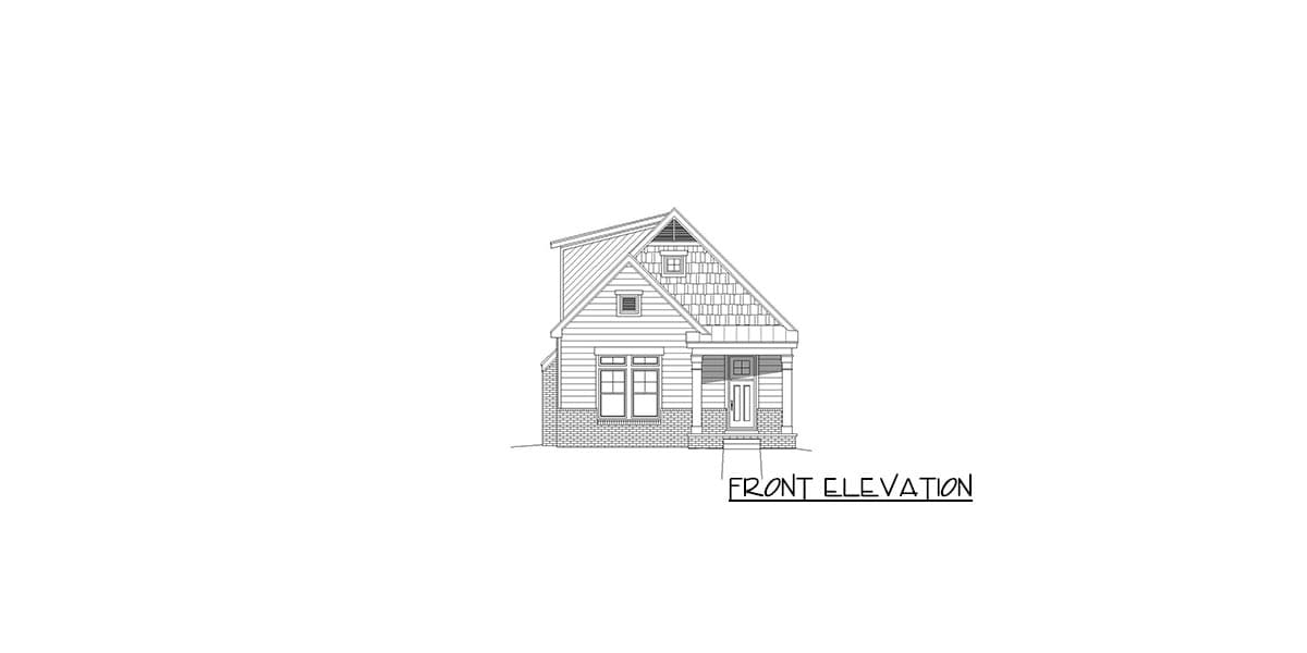 Front elevation drawing of a 1-story house plan with a gabled roof, covered porch with columns, and shingle and siding accents.