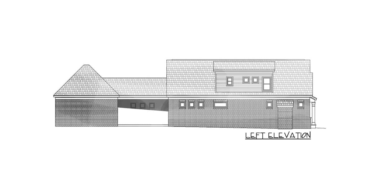 Left elevation house plan showing brick facade, multiple gables, dormers, and attached garage.