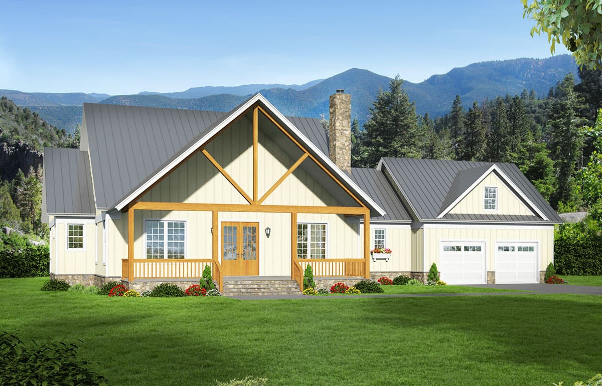 House plan exterior. Craftsman style with a gabled roof, covered porch, and stone chimney. Features a two-car garage with dormer.