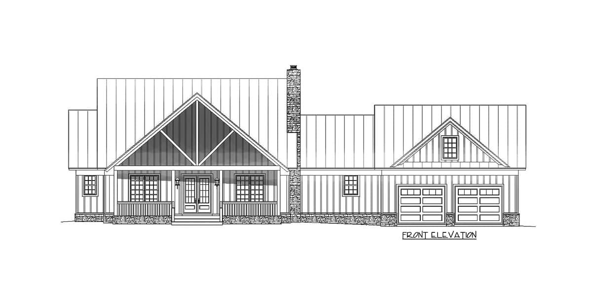 Front elevation house plan with a gable roof, porch, stone accents, and a two-car garage.