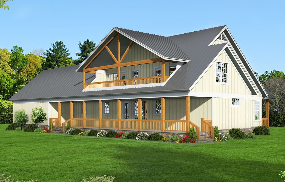 House plan exterior: two-story Modern Farmhouse with wraparound porch, metal roof, and prominent gable with exposed beams.