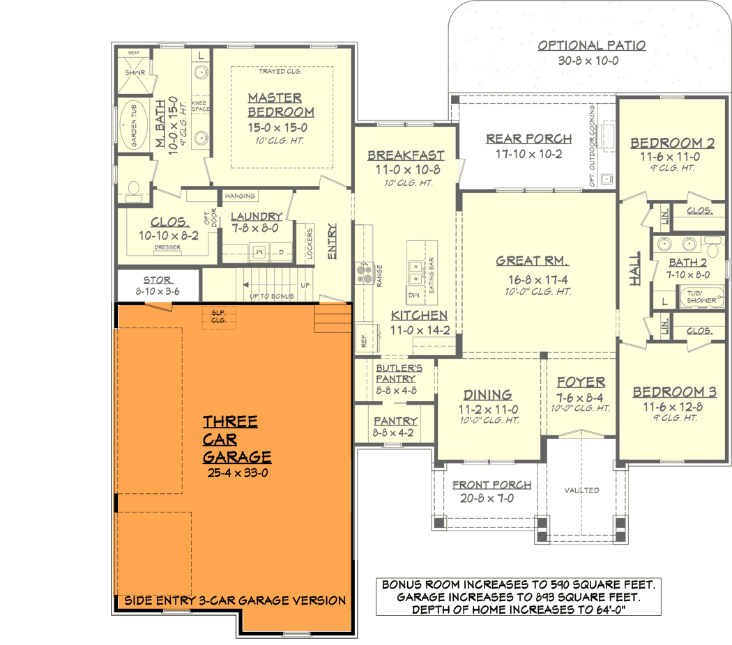 Plan 51755HZ: 3 Bed Contemporary Craftsman with Bonus Over Garage - 2073 Sq Ft - Floor Plan - 3-Car Side-Entry Garage Option - Country, Craftsman, New American, Southern, Traditional