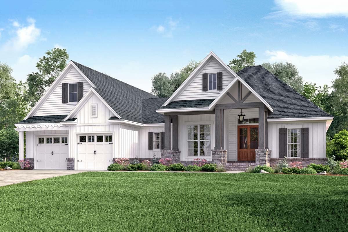 House plan exterior. A one-story Modern Farmhouse with gables, a covered porch, and a three-car garage. Features include board and batten siding.