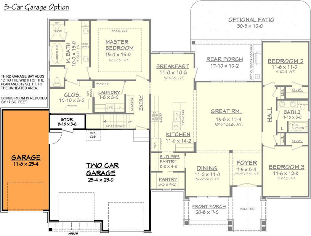 Plan 51755HZ: 3 Bed Contemporary Craftsman with Bonus Over Garage - 2073 Sq Ft - Floor Plan - 3-Car Front-Entry Garage Option - Country, Craftsman, New American, Southern, Traditional