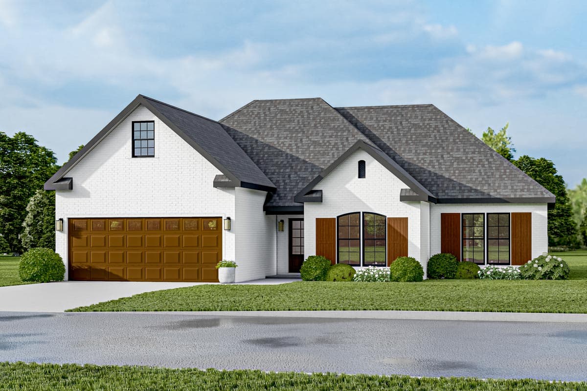 House plan exterior with brick facade, gable roof, and attached garage. Features include arched window, shutters, and dormer window.