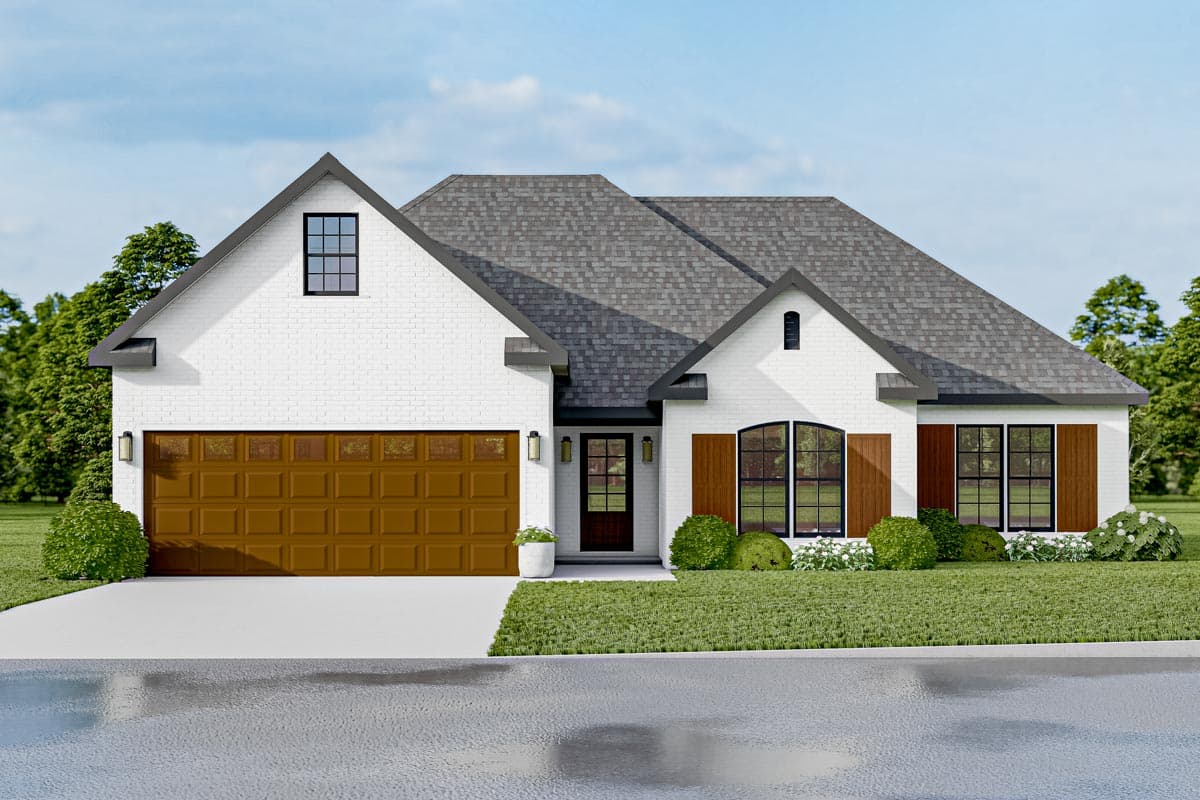 Modern Farmhouse style house plan exterior with white brick, a dark garage door, gables, and arched windows.