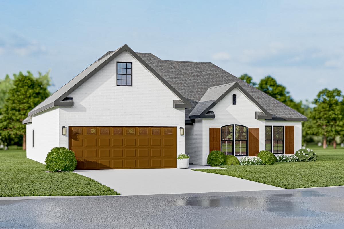 Modern Farmhouse house plan exterior with white brick, a prominent garage door, gabled dormers, and arched windows.