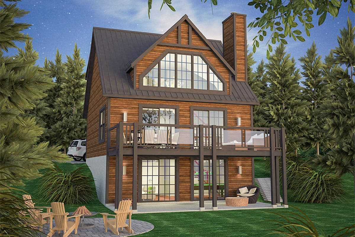 House plan exterior with gable roof, two-story design, and chimney. Features include a deck and large windows.