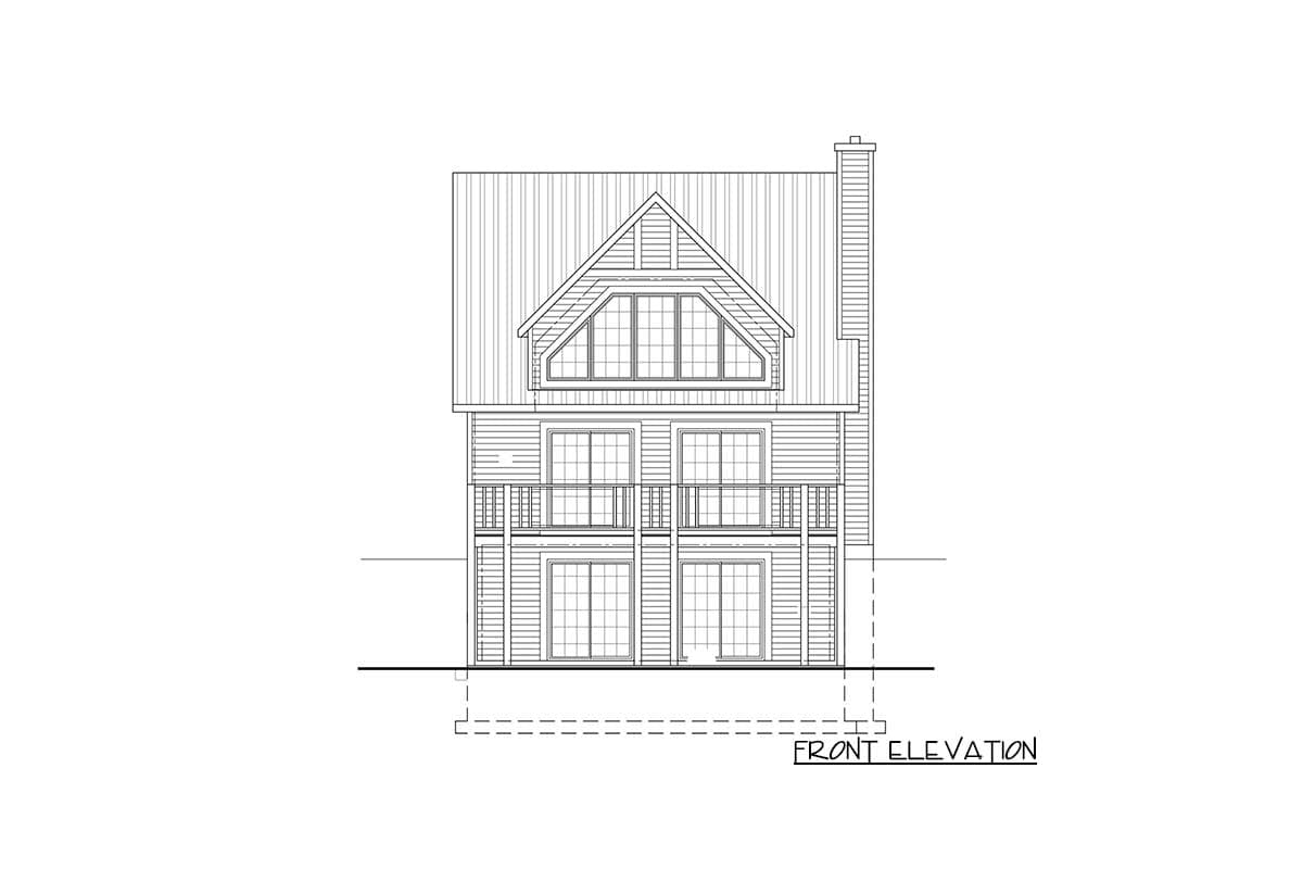 Front elevation drawing of a two-story house with a large dormer window, balconies, and a chimney.