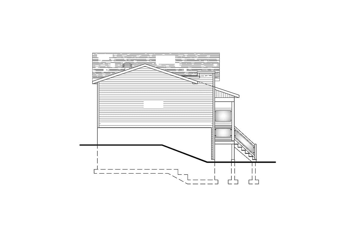 House plan side elevation showing a two-story home with horizontal siding, gabled roof, and exterior stairs.