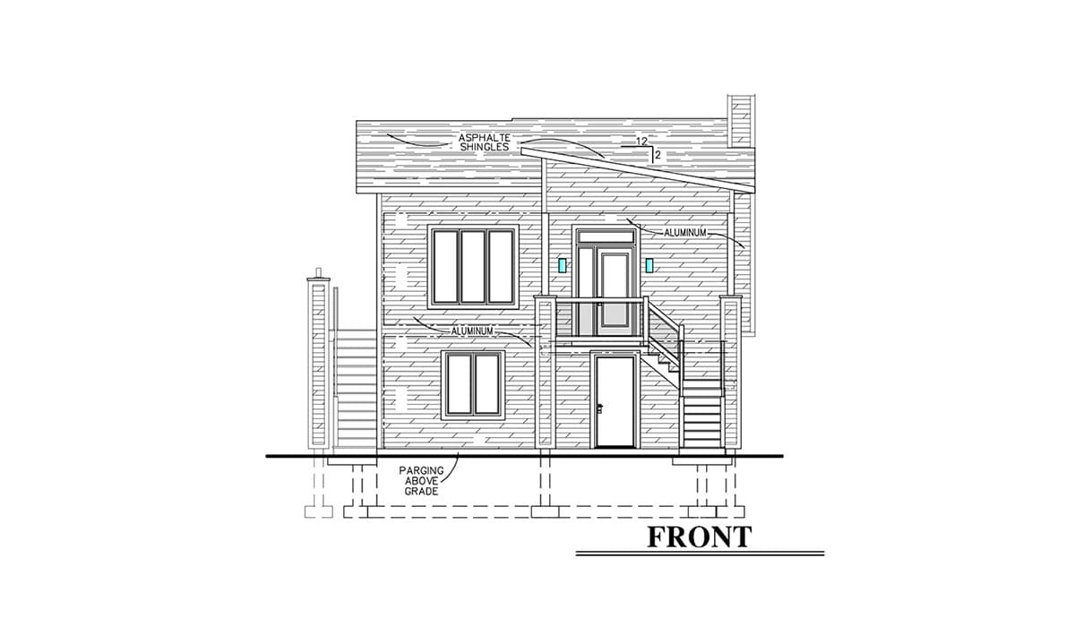 Front elevation drawing of a two-story house plan with asphalt shingles, aluminum siding, two front doors, and external staircases.