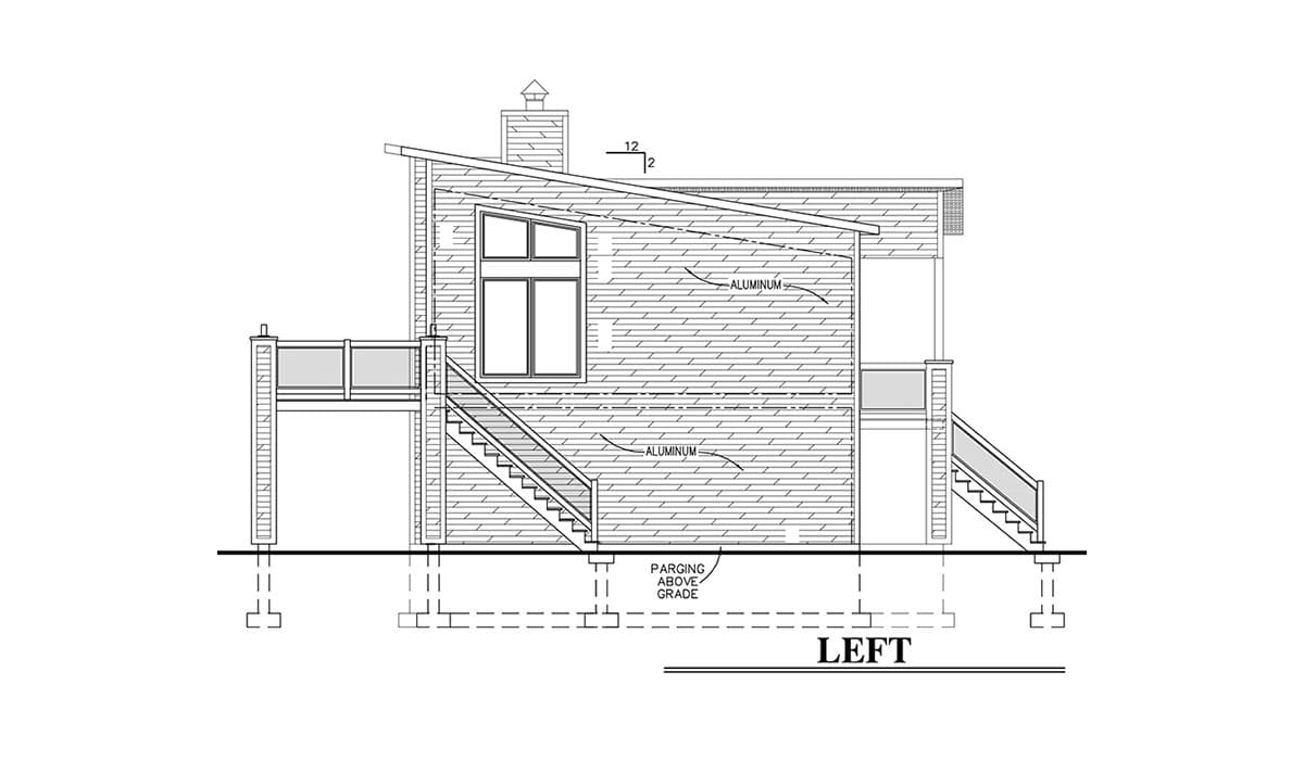 Left elevation house plan showing a modern design with a sloped roof, large window, chimney, and exterior stairs.