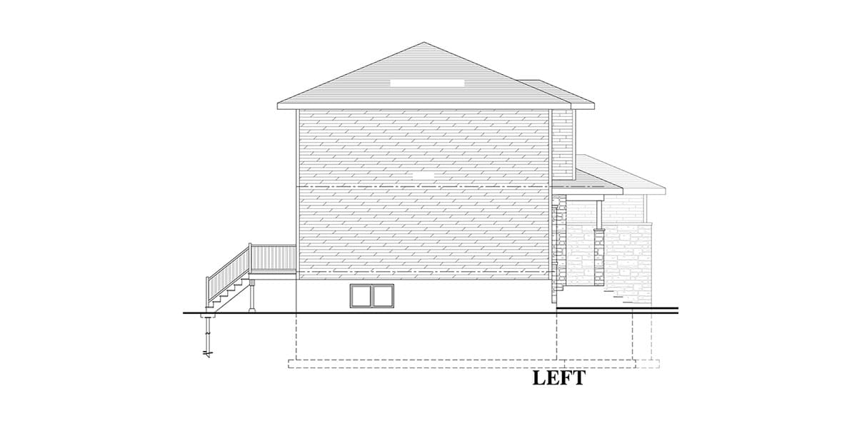 Left elevation of a two-story house plan with a gabled roof, siding, stone accents, and a deck with stairs.