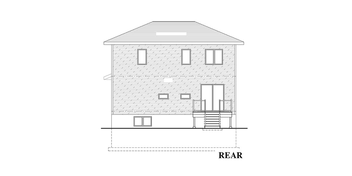 Rear elevation drawing of a two-story house plan with a hip roof, multiple windows, and a double door leading to a deck.