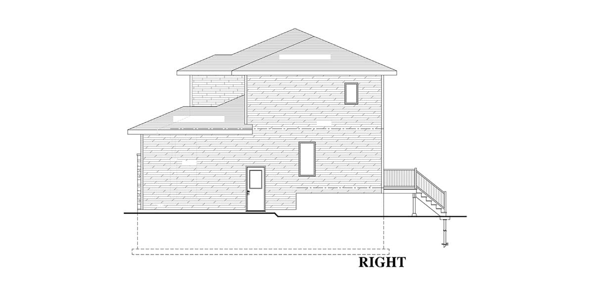 House plan right elevation of a two-story home with shingle siding, a deck, and multiple gables.