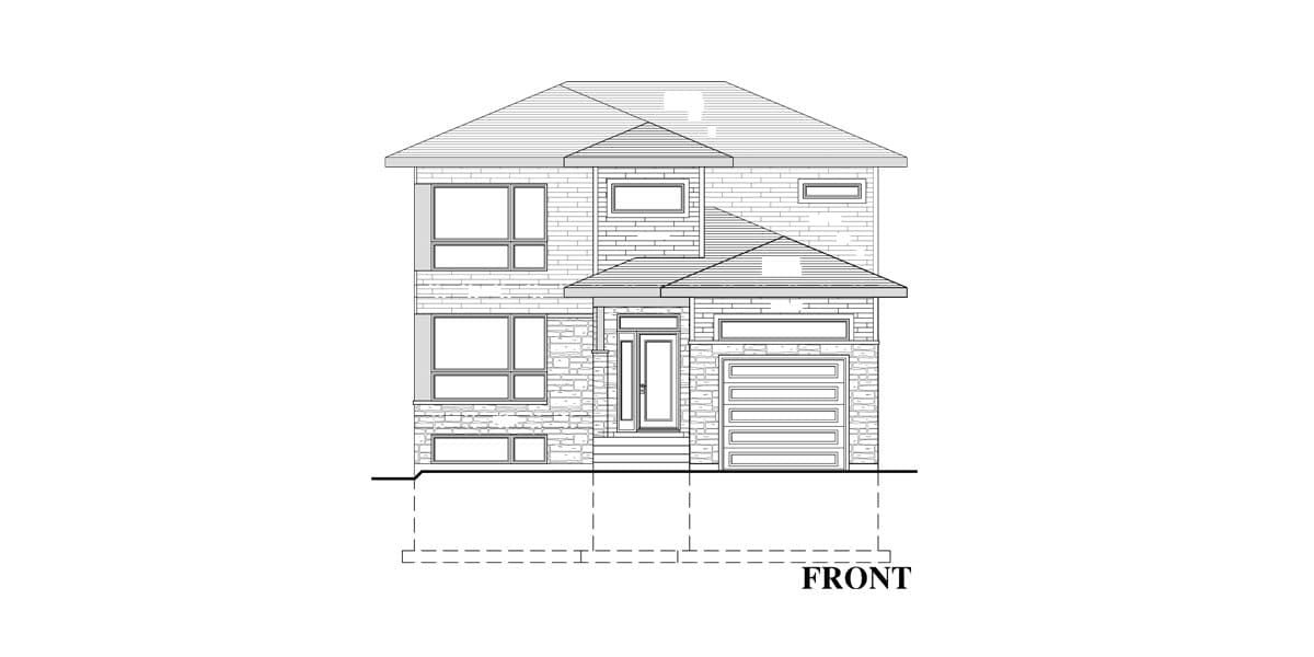 Front elevation of a two-story house plan with a prominent gable roof, multi-pane windows, and an attached garage.