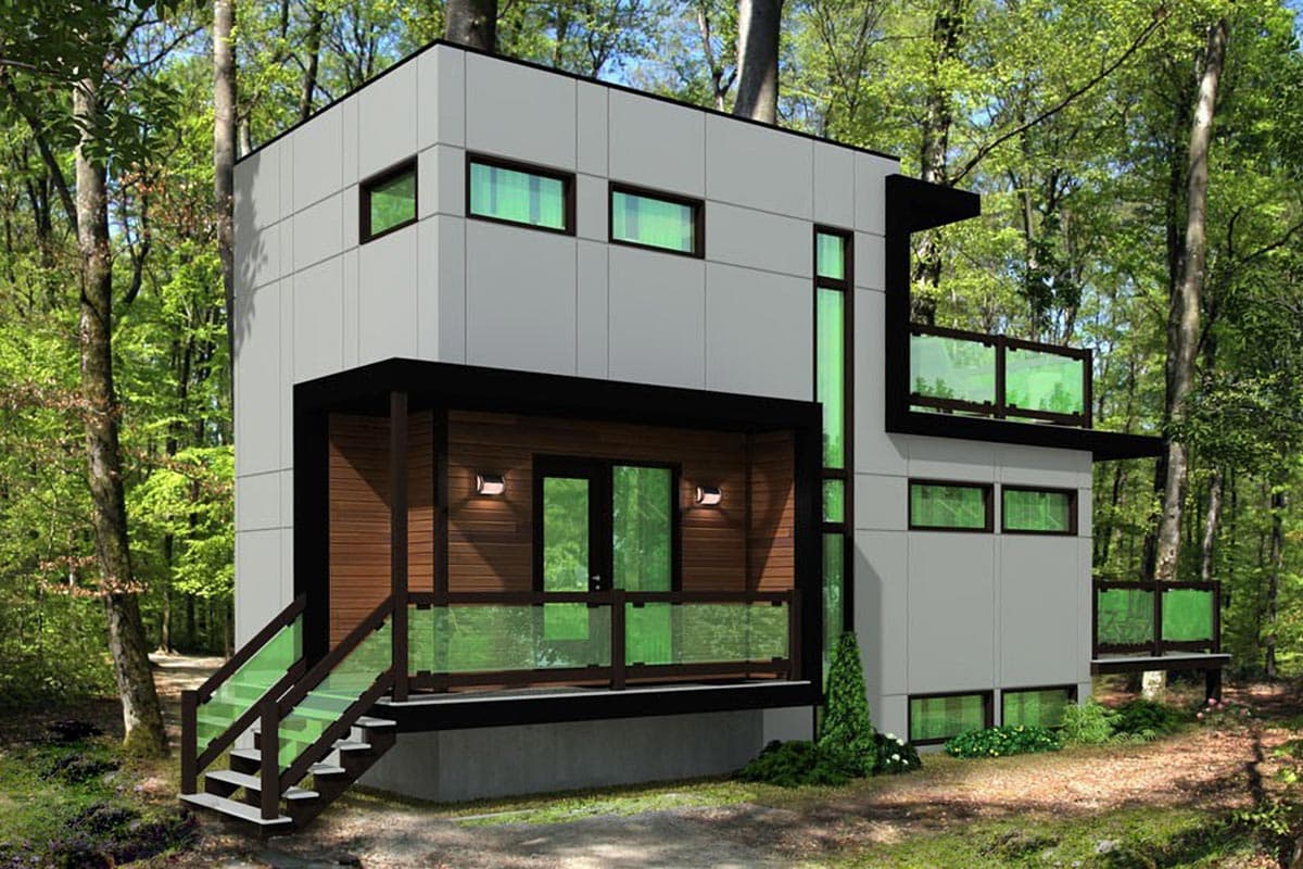 Modern house plan exterior. Two-story design with a covered porch, balcony, and flat roof. Features include horizontal windows and a glass railing.