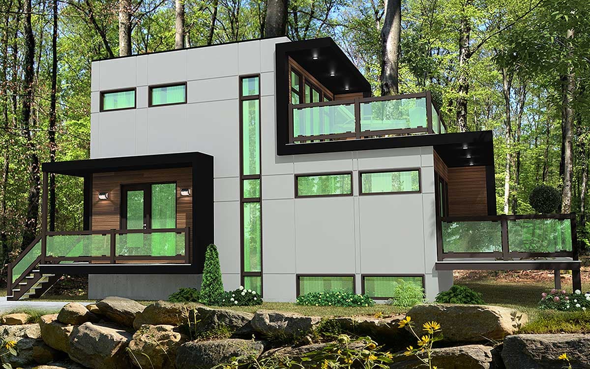 Modern two-story house plan exterior with cantilevered balconies, vertical window bands, and wood panel accents.