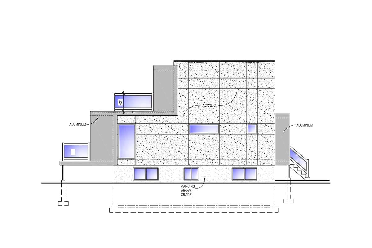 Architectural elevation drawing shows a modern house with varied massing, large windows, aluminum panels, and a parging layer above grade.