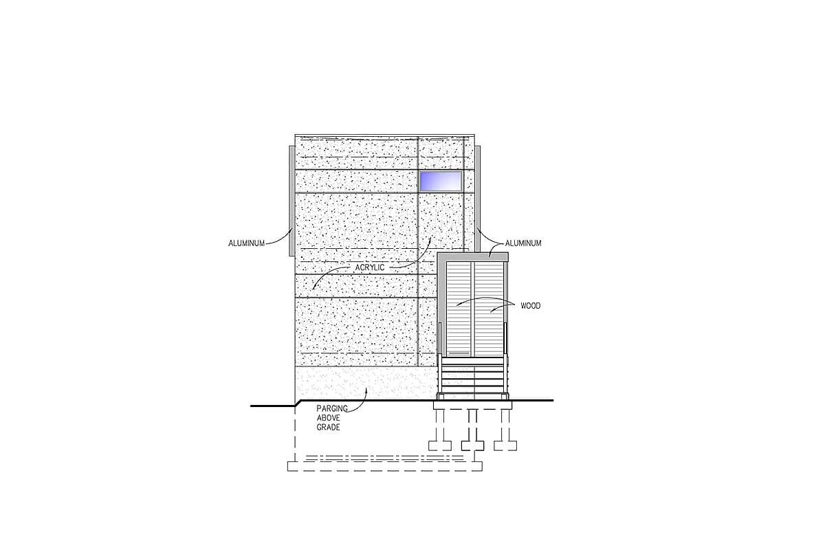 Architectural drawing showing exterior materials: stucco, acrylic, aluminum, and wood siding on a contemporary house plan.