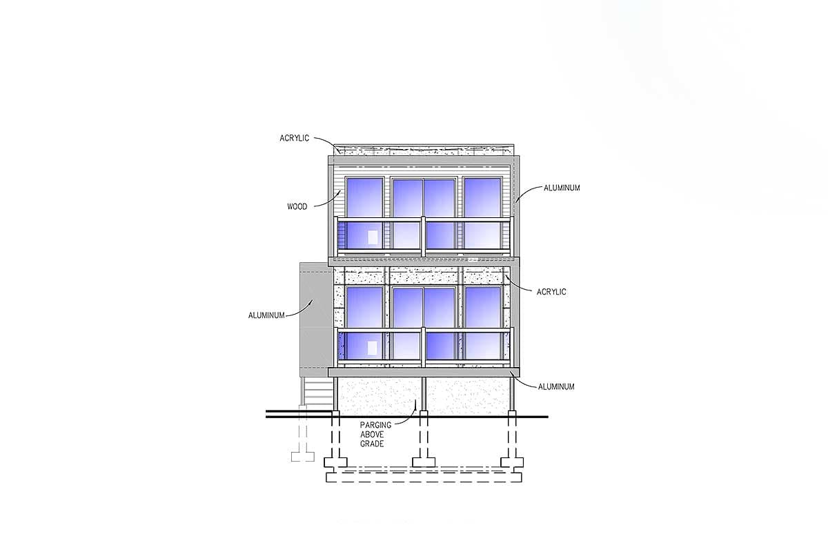 Elevation drawing showing two stories with wood siding, acrylic panels, aluminum framing, and balconies.