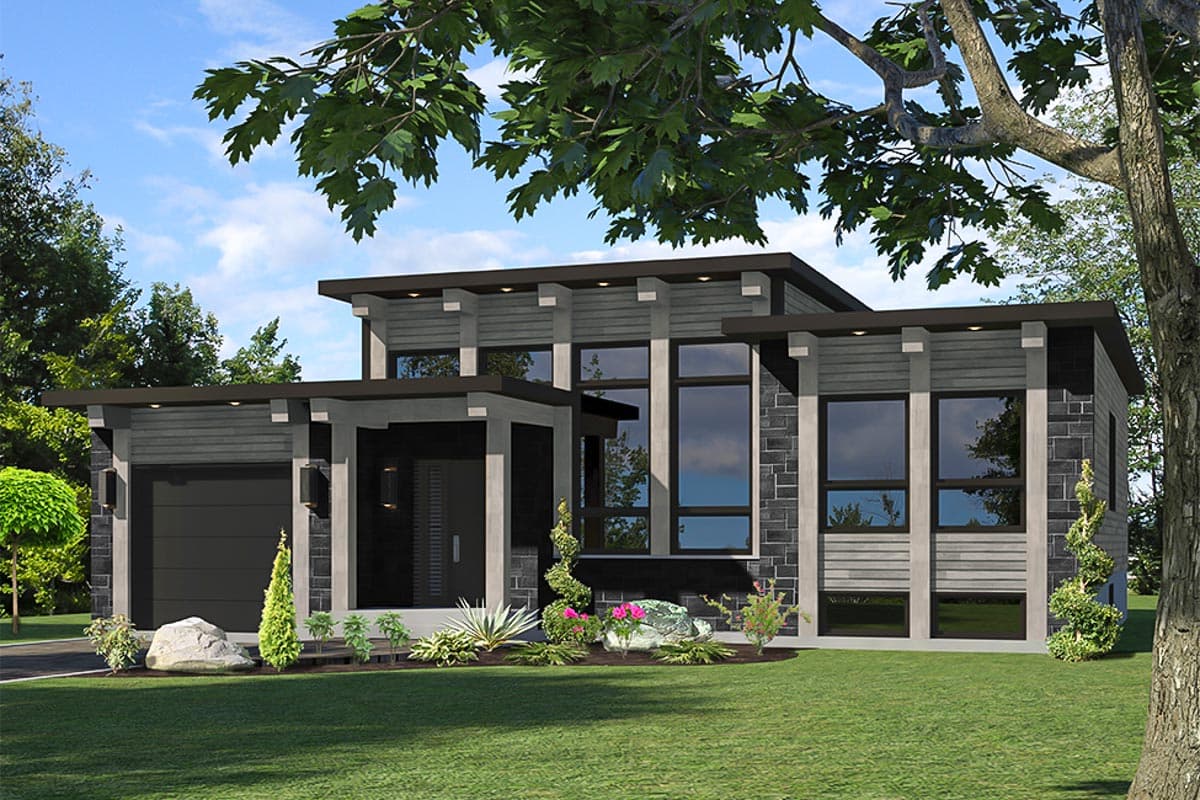 House plan exterior. Modern style, single-story home with flat roof, covered entry, and attached garage. Stone and wood siding with large windows.