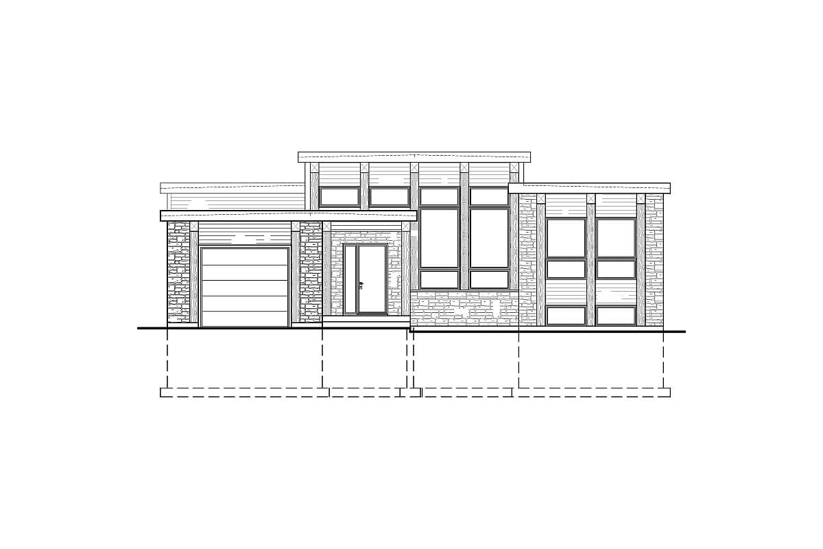Modern house plan exterior showing a single-story home with stone accents, large windows, and an attached garage.
