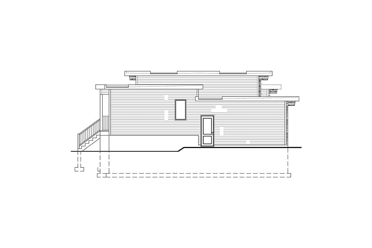 House plan exterior drawing of a single-story home with horizontal siding, a flat roof, stairs, and a door.