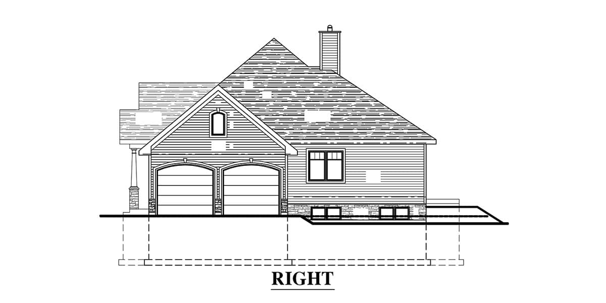 Right elevation house plan showing a two-story home with a gabled roof, double arched garage doors, and a chimney.