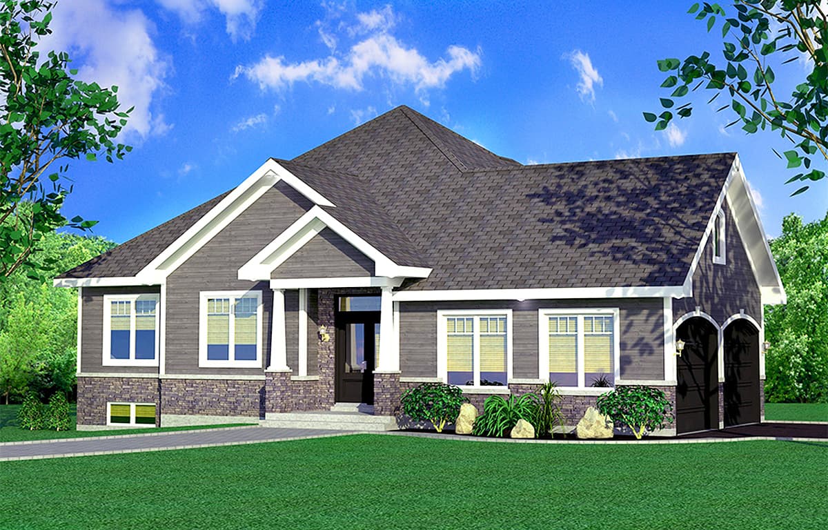 House plan exterior. Craftsman style, single-story home with gabled roof, front porch with columns, and attached garage with arched door openings.