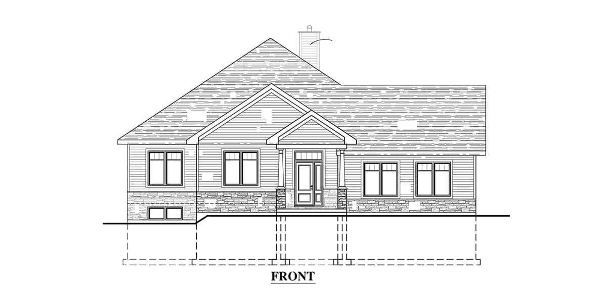 Front elevation drawing of a one-story house with a gabled roof, stone foundation, and covered front porch.