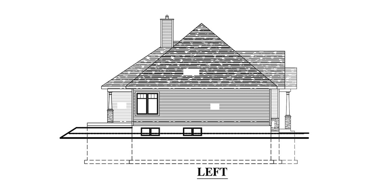 House plan elevation drawing, left view, showing siding, gabled roof, chimney, and porch.