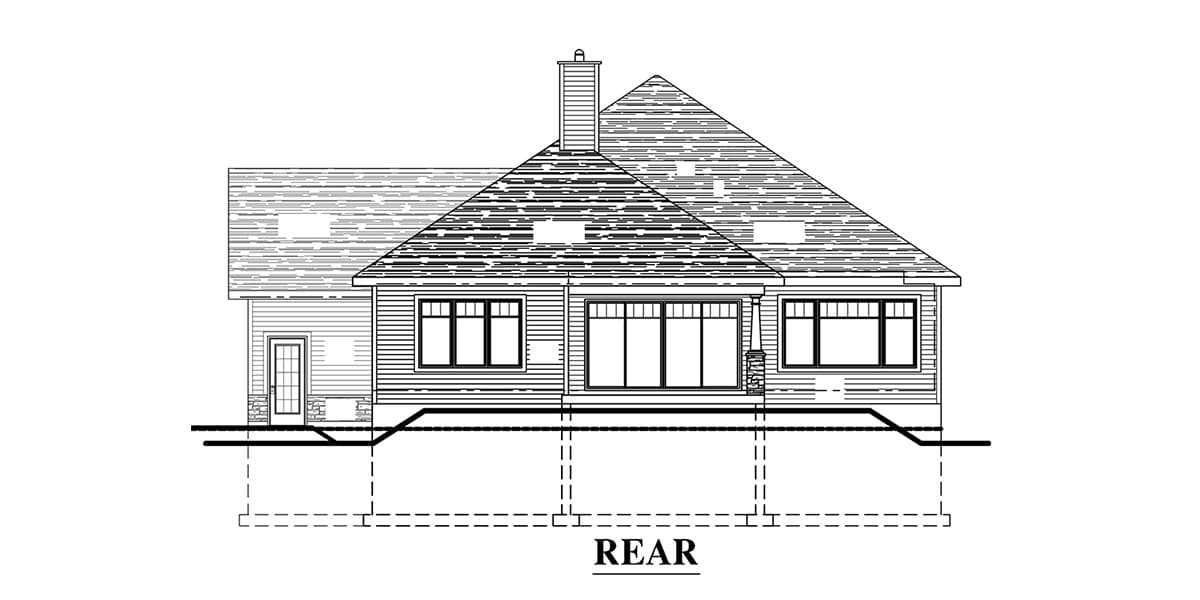 Rear elevation of a house plan showing horizontal siding, a prominent gabled roof, chimney, and large windows.