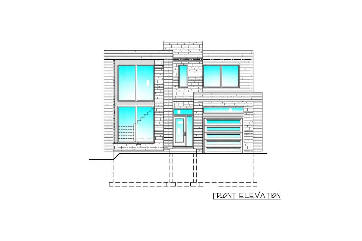 Front elevation drawing of a modern two-story house with a garage, large windows, and a prominent entryway.