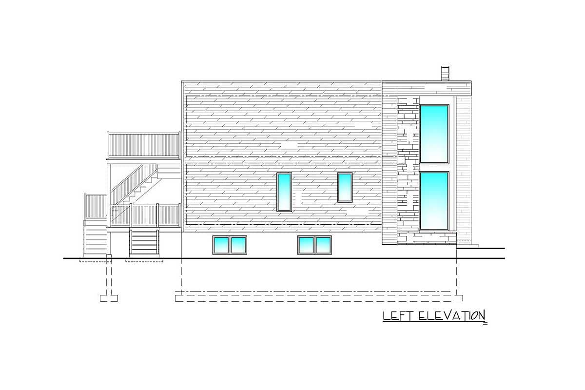 Left elevation drawing of a two-story house plan with multiple windows, a chimney, and a rear deck with stairs.