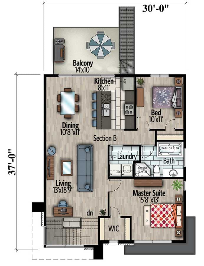 Plan 90290PD: Contemporary Duplex with a 1 Bedroom and a 2 Bedroom Unit - 839 Sq Ft and 1039 Sq Ft - Floor Plan - Second Level - Contemporary, Modern