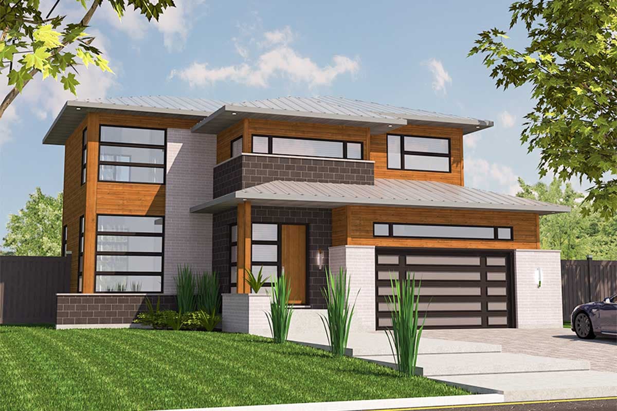 House plan exterior. Two-story modern style with flat roof, horizontal windows, and attached garage. Exterior features brick and wood siding.