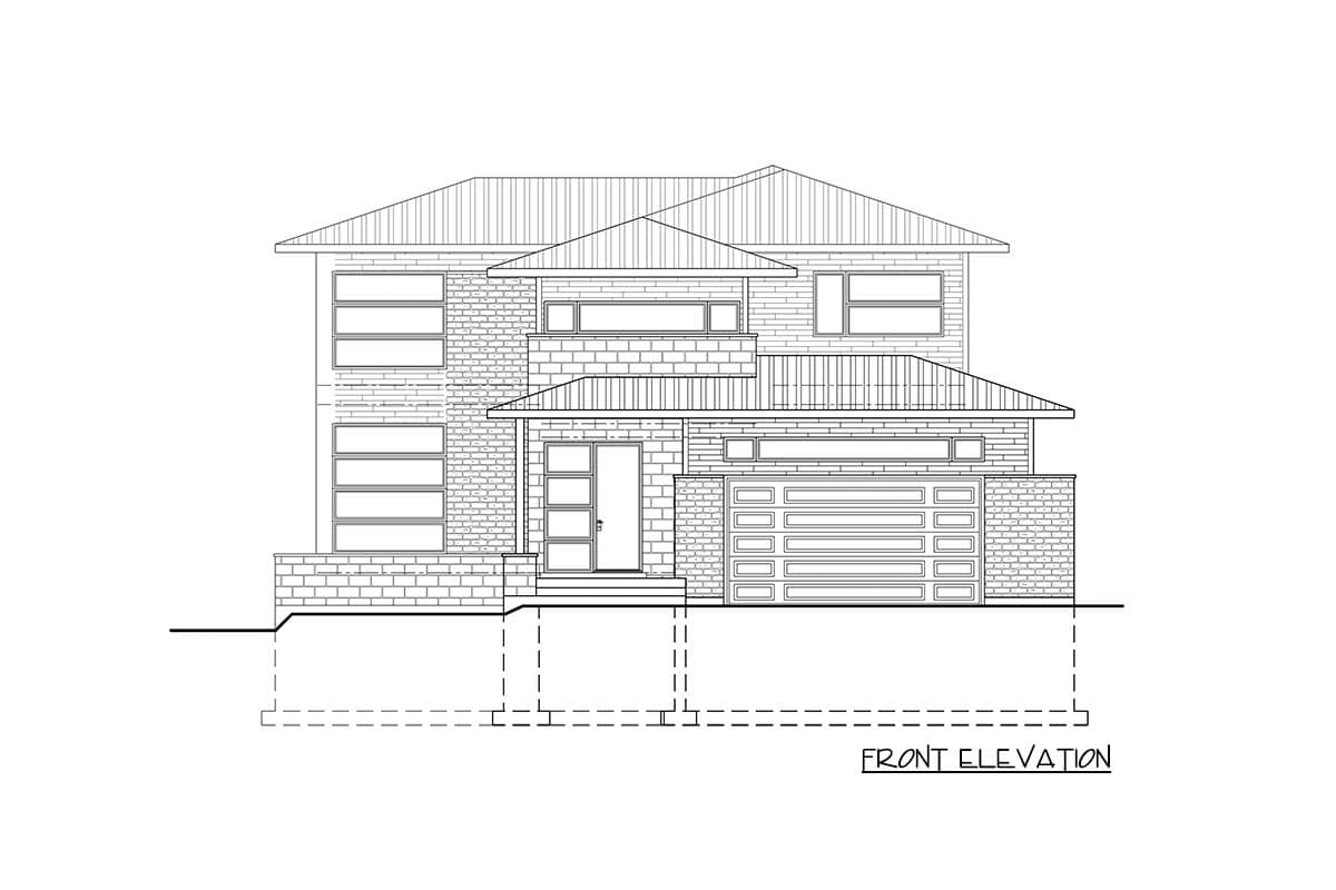 Front elevation drawing of a two-story house plan with a pitched roof, brick facade, entry porch, and attached two-car garage.