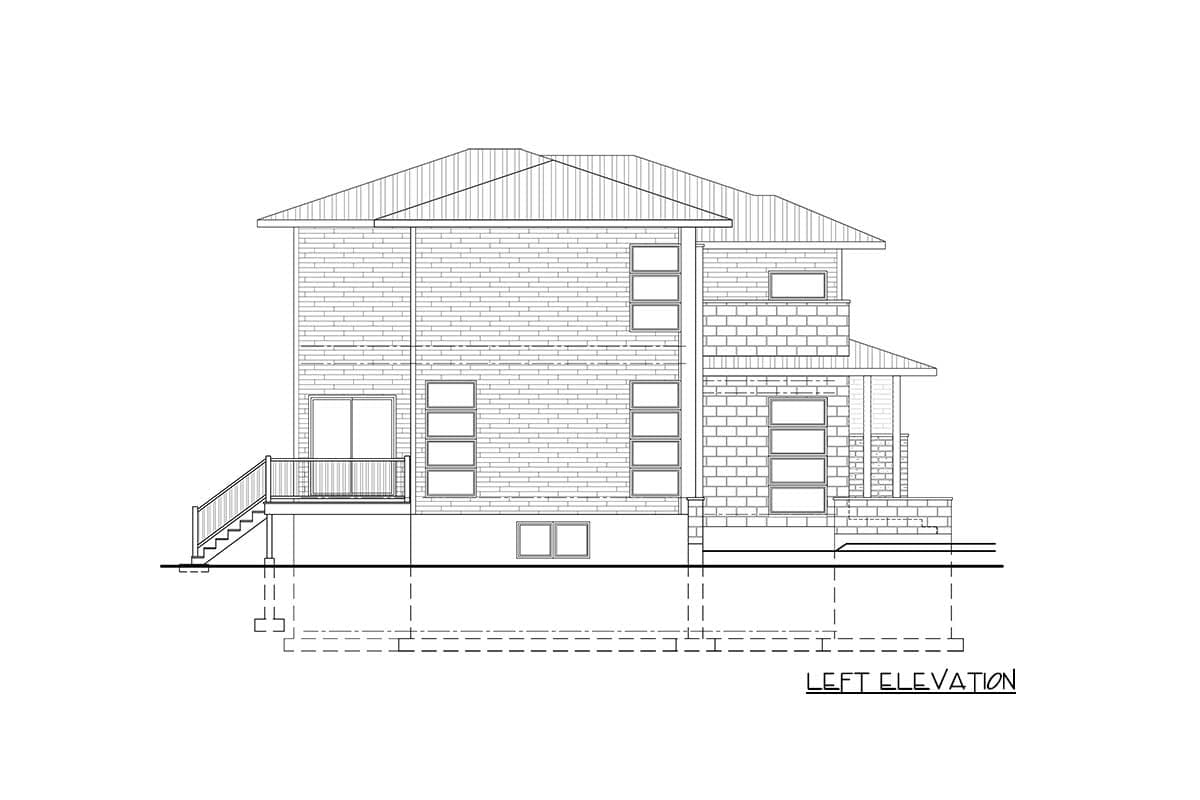 Left elevation of a two-story house plan with a multi-pitched roof, prominent brick exterior, deck, and stacked windows.