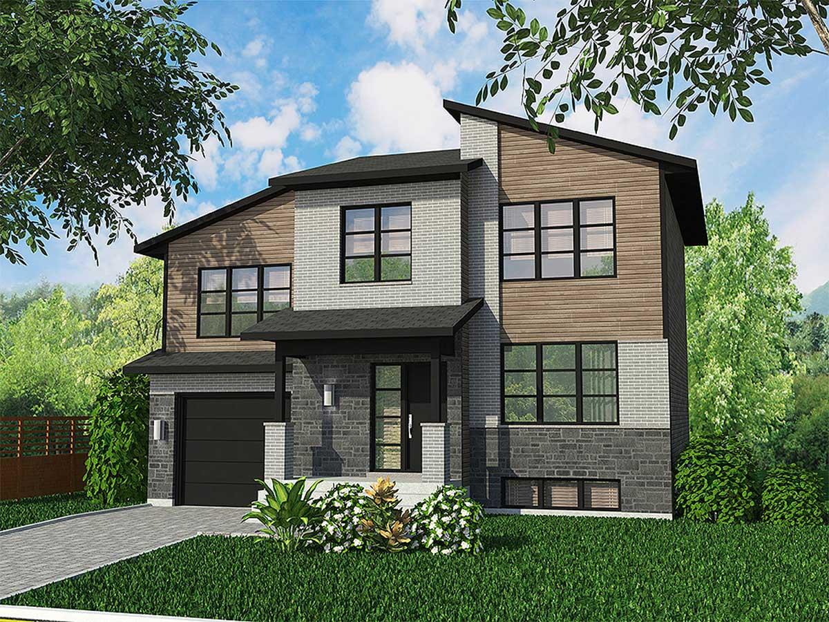 House plan exterior featuring a two-story modern design with contrasting siding, gabled roof, and attached garage. Includes a covered front entry.