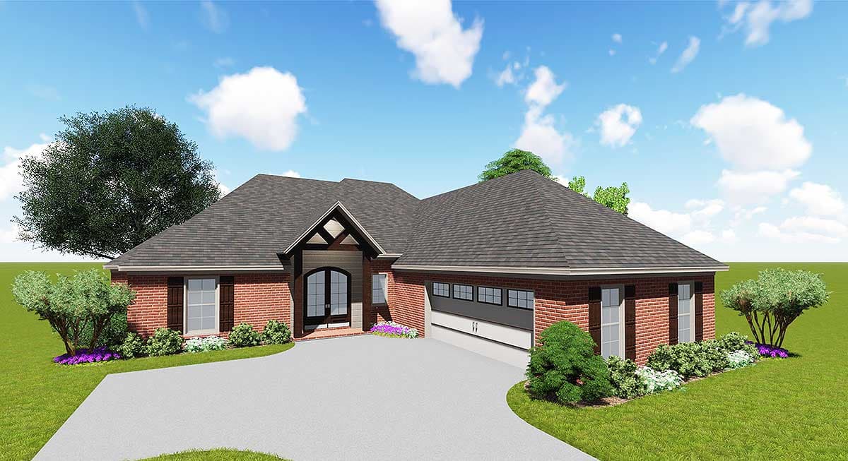House plan exterior. One-story Ranch style with brick facade, gable roof, and attached garage. Includes a covered front entry.