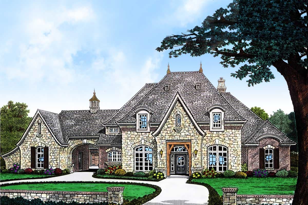 House plan exterior. Two-story, stone-clad house with a gabled roofline, dormers, and an arched entry to the left.