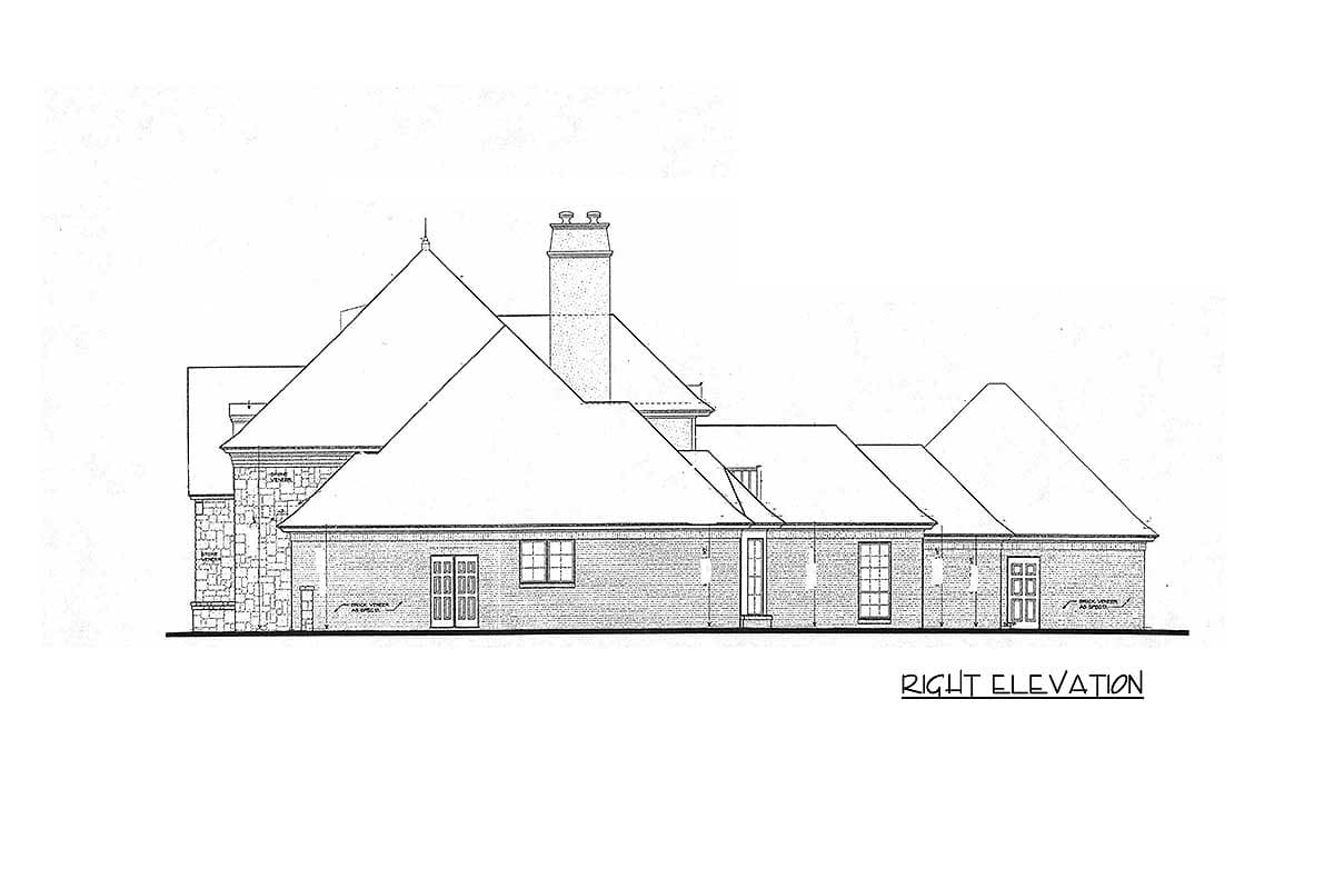House plan right elevation drawing showing multiple gabled rooflines, a stone and brick exterior, and various window and door placements.