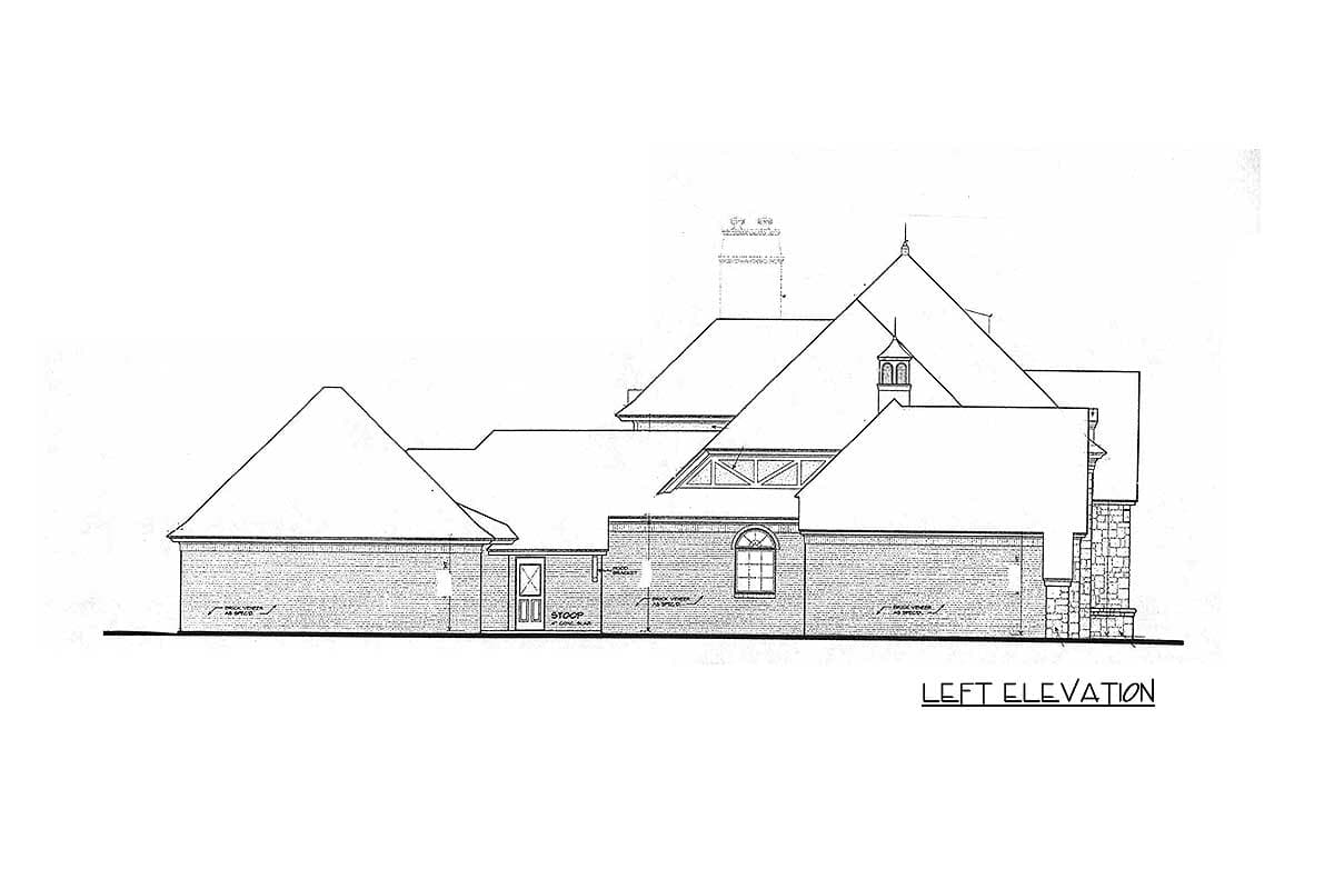 Left elevation house plan showing a brick exterior with multiple gables, a hip roof, a dormer, and a cupola.