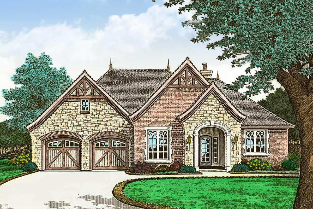 House plan exterior with stone and brick facade, gabled roof, arched garage door, and arched entry door. Single-story design.