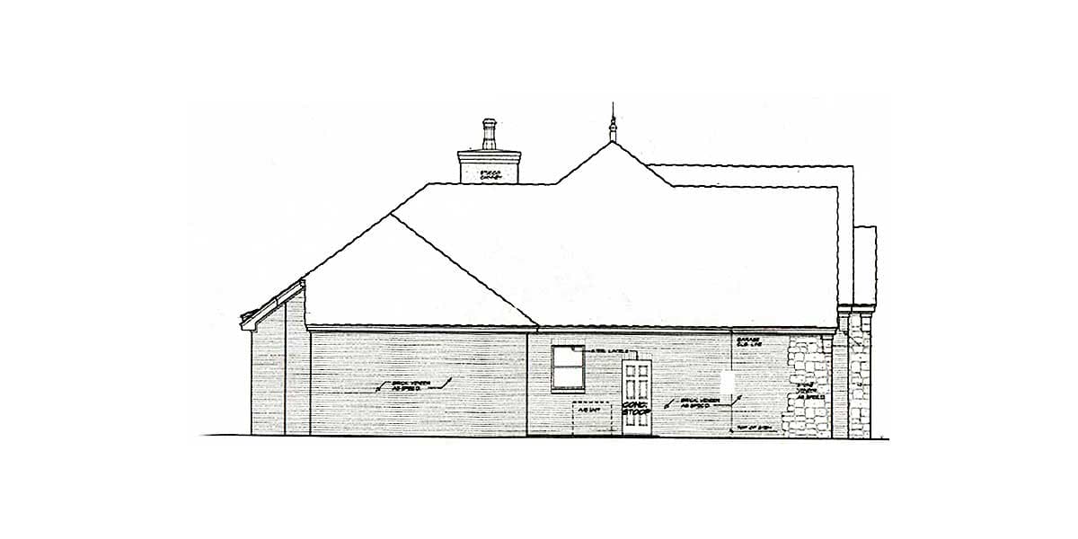 House plan elevation drawing showing a side view with a prominent roofline, chimney, and varied exterior wall materials.